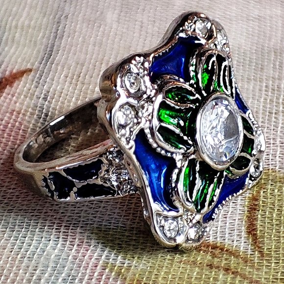 Enameled Navy Blue Green Clear Rhinestones Silver Rhodium Plated Size 8 Ring NEW - Picture 5 of 8